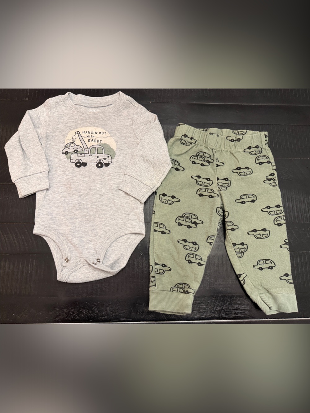 Carter's Gray Long-Sleeve Bodysuit and Green Car-Print Pants Set